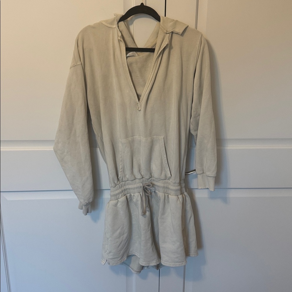 Beige Hooded Romper with Drawstring Waist
